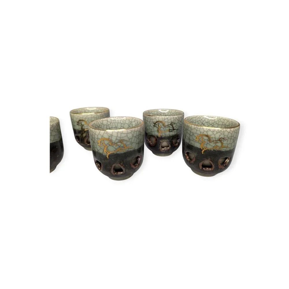 Japanese Somayaki Double Wall Saki Set Obori Soma-yaki Pottery Gold Horse Motif